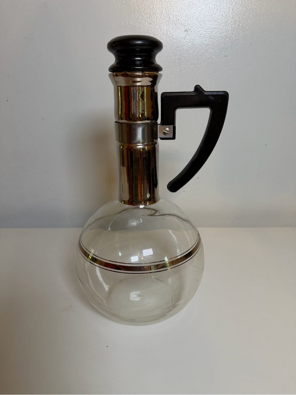 Vintage Inland Glass Handblown Carafe Decanter MCM Wood Cork Lid Clear Beverage